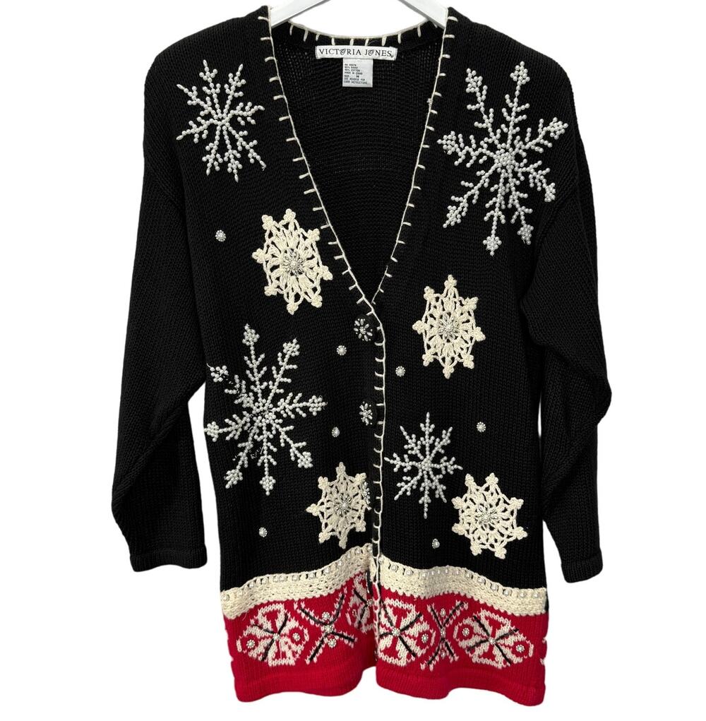 Vintage Victoria Jones Cardigan Sweater Size M Black Red Beaded Snowflakes Knit